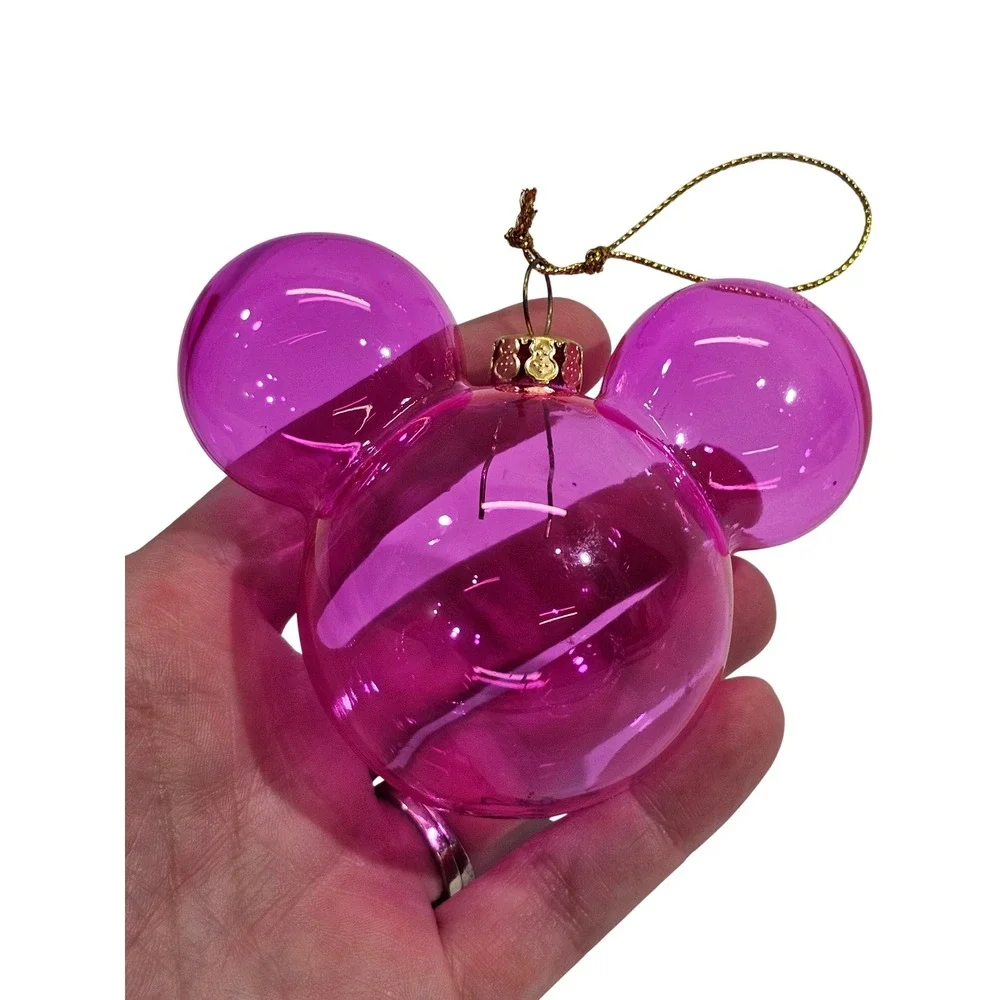 Disney Mickey Mouse Glass Ornament Pink Transparent Head Ears Holiday Decor 3in